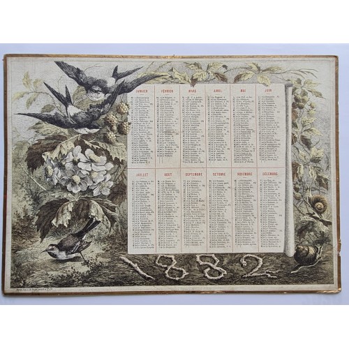 1882 - Calendrier Almanach Oiseaux Nature