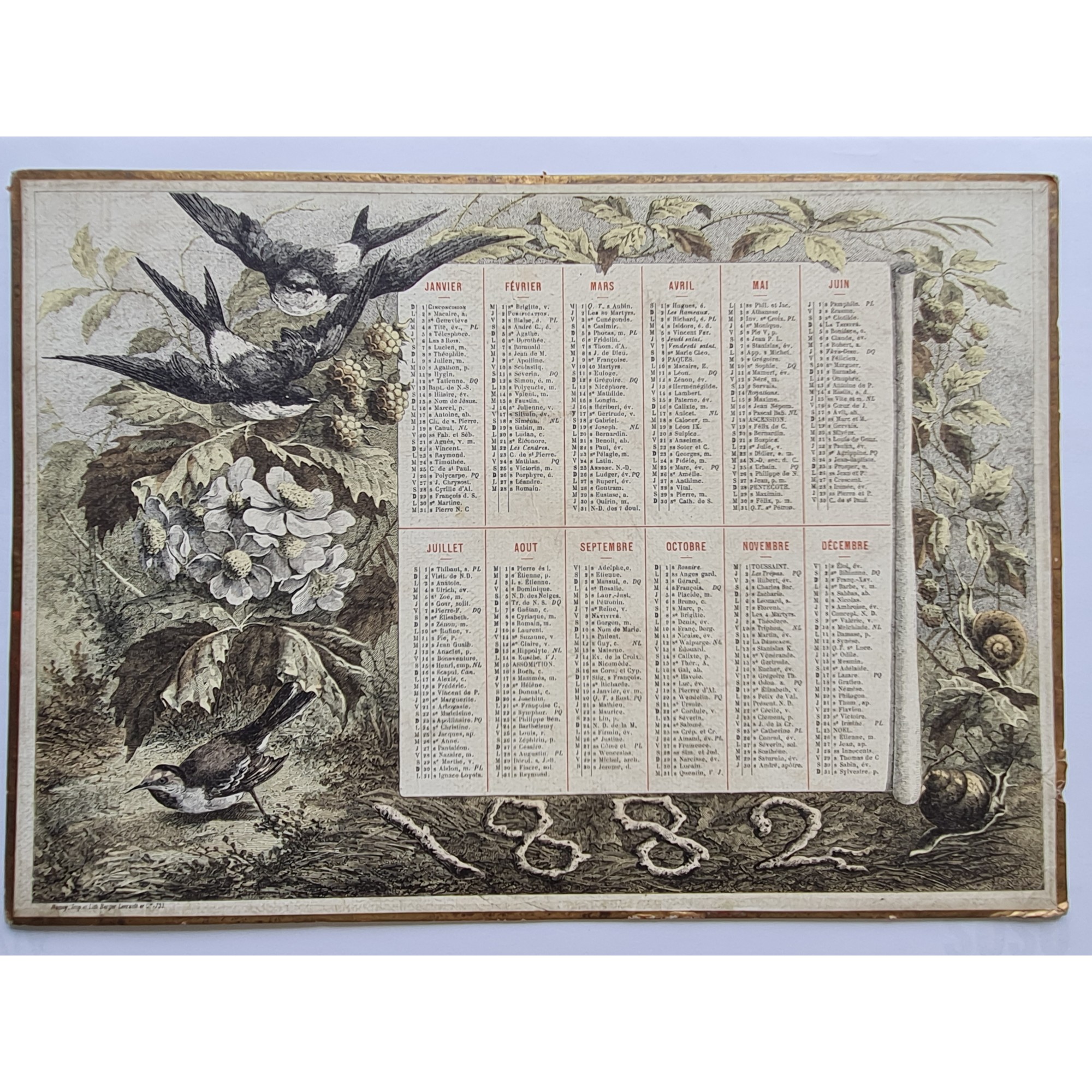1882 - Calendrier Almanach Oiseaux Nature