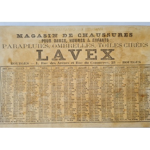 1883 - Calendrier publicitaire Magasin de chaussures Lavex