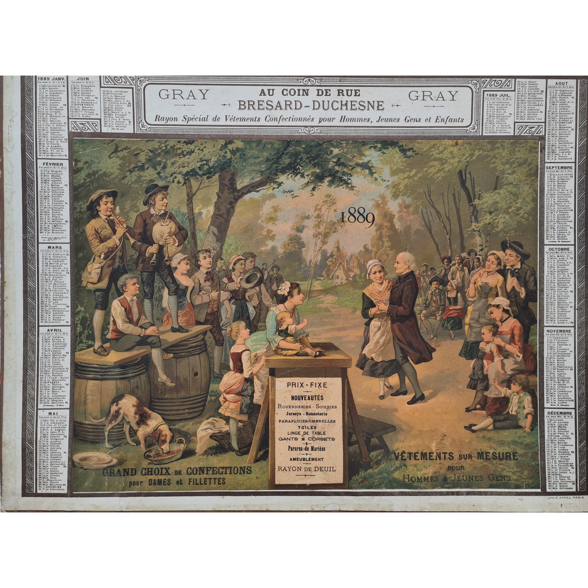 1889 - Calendrier Publicitaire Au Coin de Rue