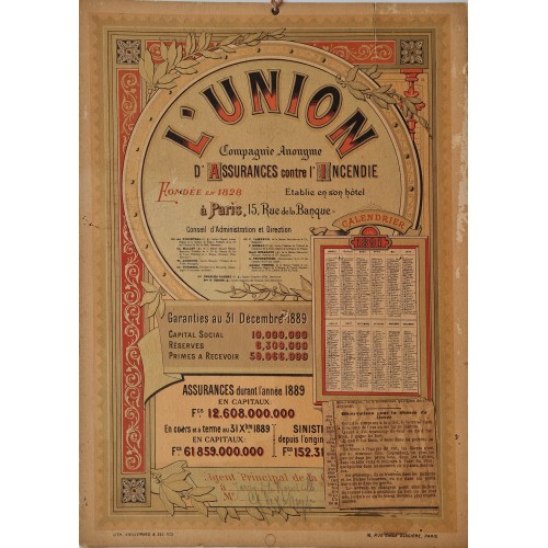 1891 - Calendrier Publicitaire L'Union